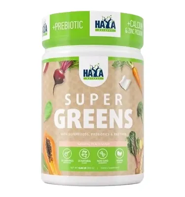 Haya Labs Super Greens · Натурален прасковен шейк · 300 г