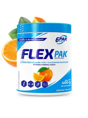 6PAK Nutrition Flex Pak Powder | Collagen & Glucosamine, Chondroitin, MSM, Hyaluronic Acid · Orange · 400 g