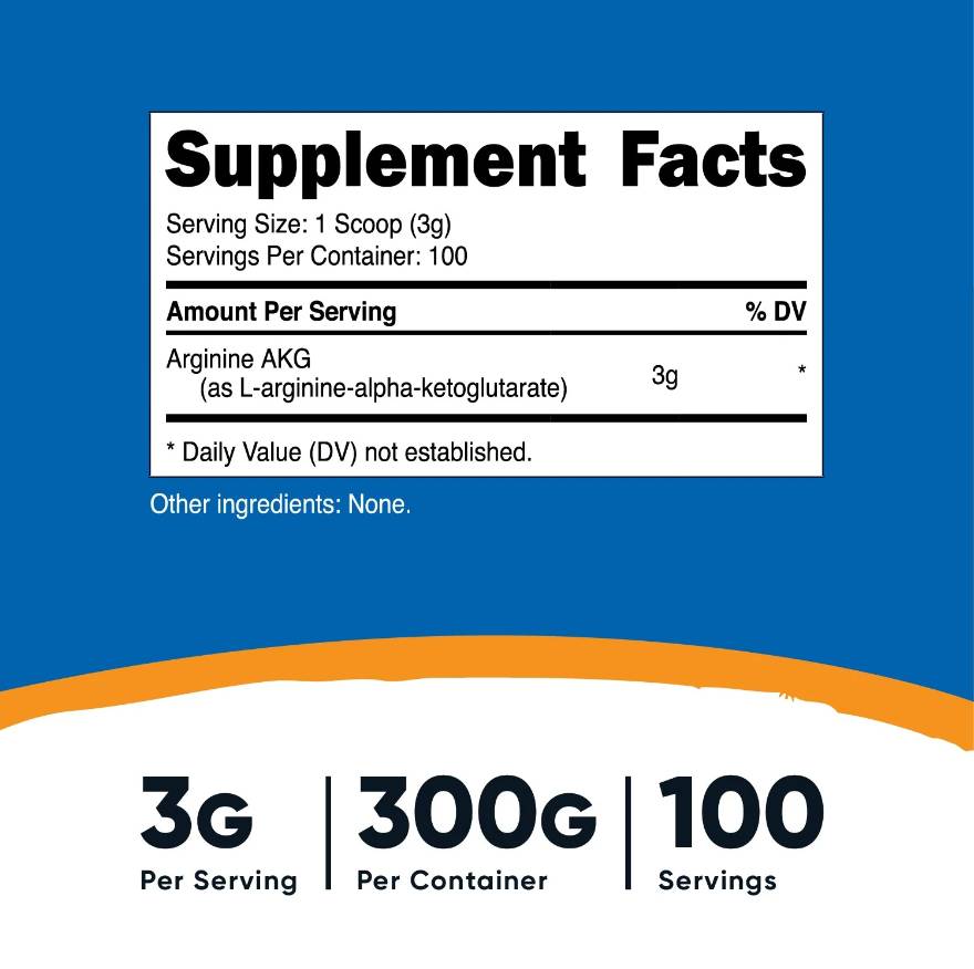 Етикет на Nutricost Arginine | AKG 300 грама, 100 Дози