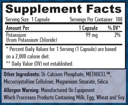 Етикет на Haya Labs Sustained Release Potassium 99mg. / 100 Vcaps.