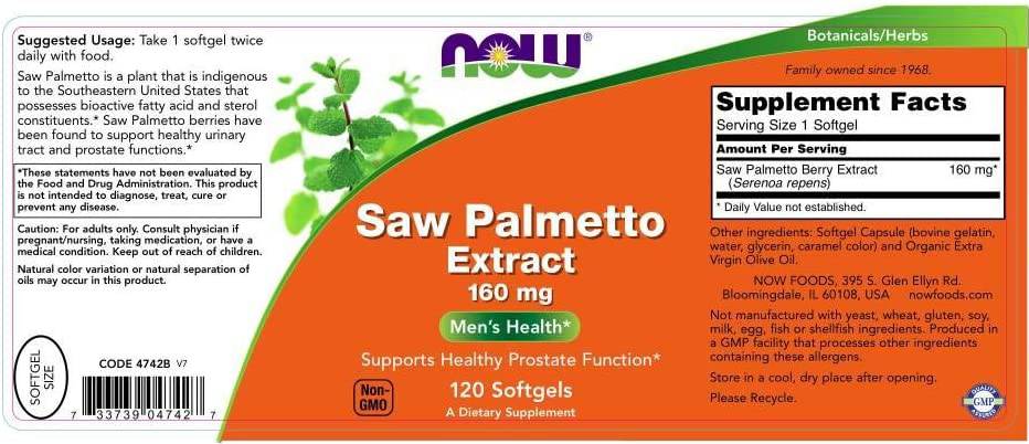 Етикет на NOW Saw Palmetto Extract 160 mg / 120 Softgels