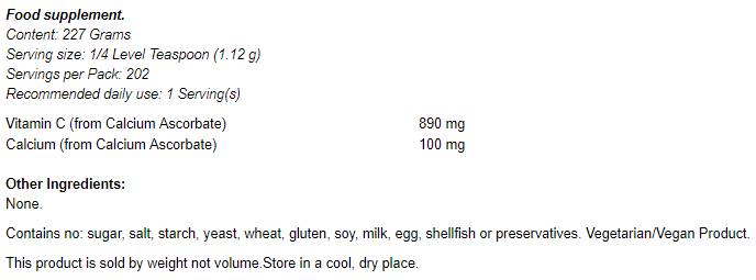 Етикет на Calcium Ascorbate Pure Buffered Powder