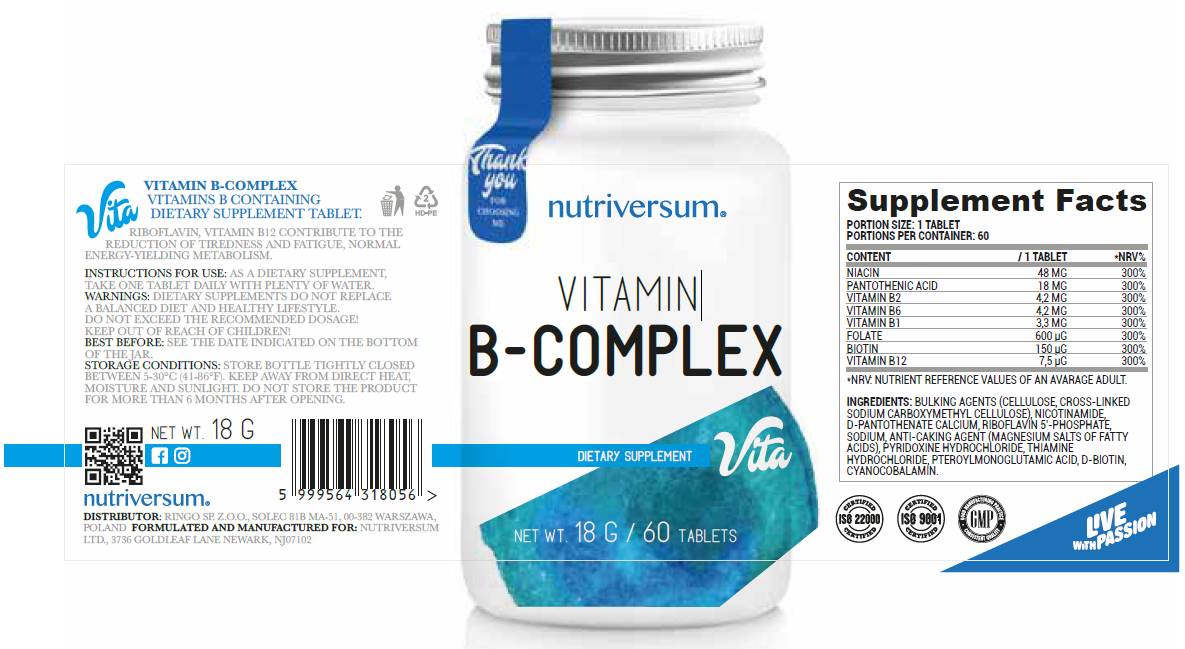 Етикет на Nutriversum Vitamin B-Complex 60 Таблетки, 60 Дози