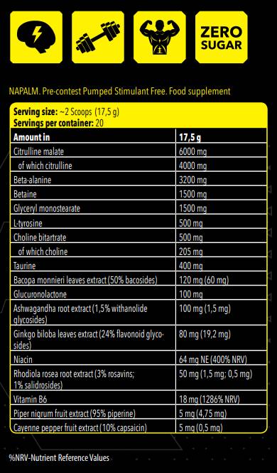 Етикет на FA Nutrition Xtreme Napalm Pre-Contest / Pumped - Stimulant Free