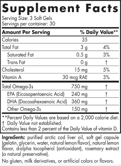 Label of Nordic Naturals Arctic Cod Liver Oil 750 mg 180 Гел капсули, 60 Дози