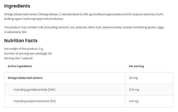 Етикет на Ginkgo Biloba 90 mg / Vege - 60 капсули, 60 Дози