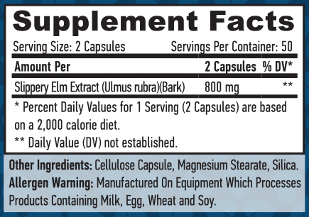 Етикет на Haya Labs Slippery Elm 400mg. / 100 VCaps.