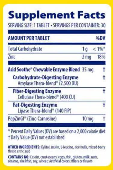 Label of Enzymedica Acid Soothe Chewable 60 Дъвчащи таблетки, 60 Дози Горски плодове