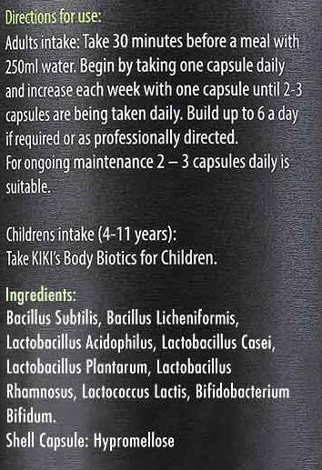 Етикет на KIKI Health Body Biotics 400 mg