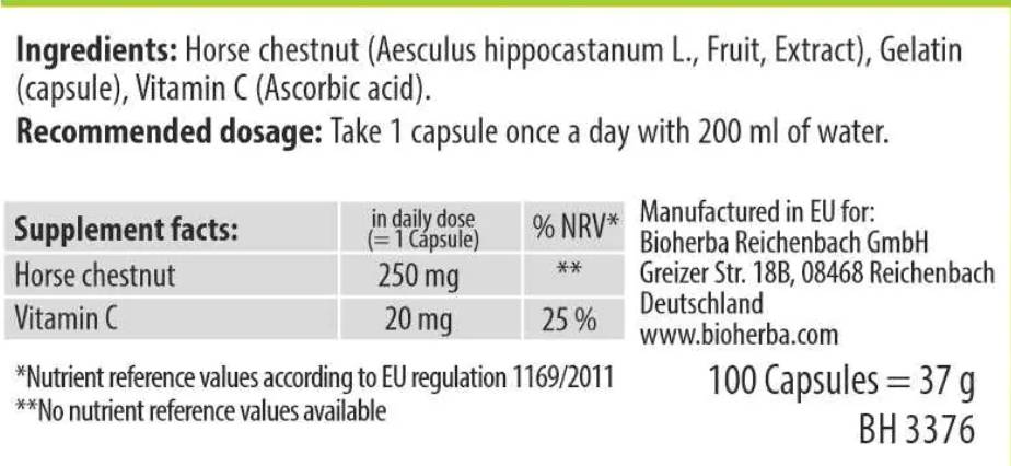 Етикет на Horse Chestnut Extract 250 mg