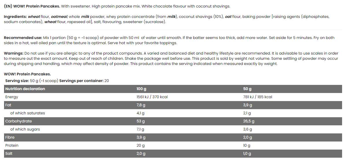 Етикет на WOW ! Protein Pancakes | 20% Protein - No Sugar Added
