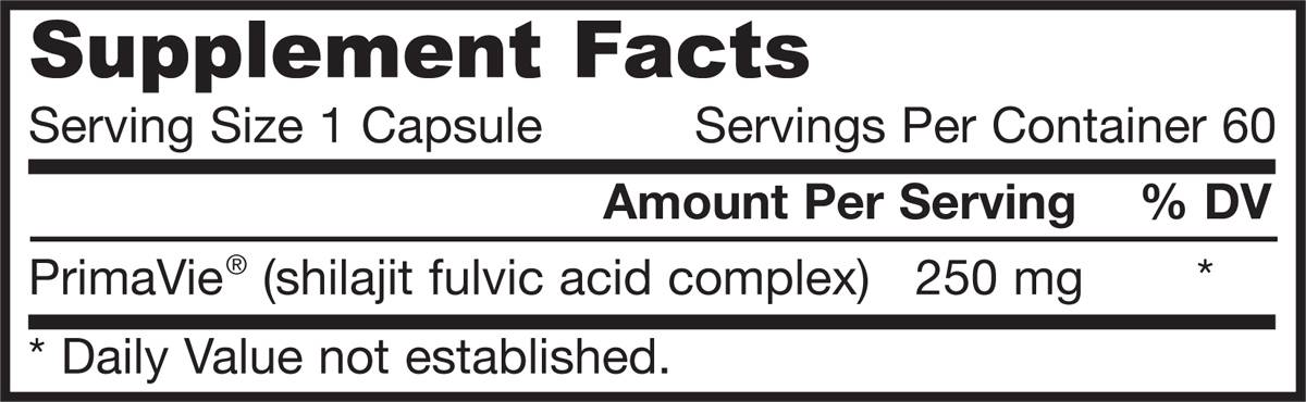 Етикет на Shilajit Fulvic Acid Complex 250 mg