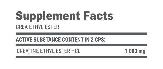 Етикет на Extrifit Sports Nutrition Crea Ethyl Ester HCL 250 капсули, 83 Дози