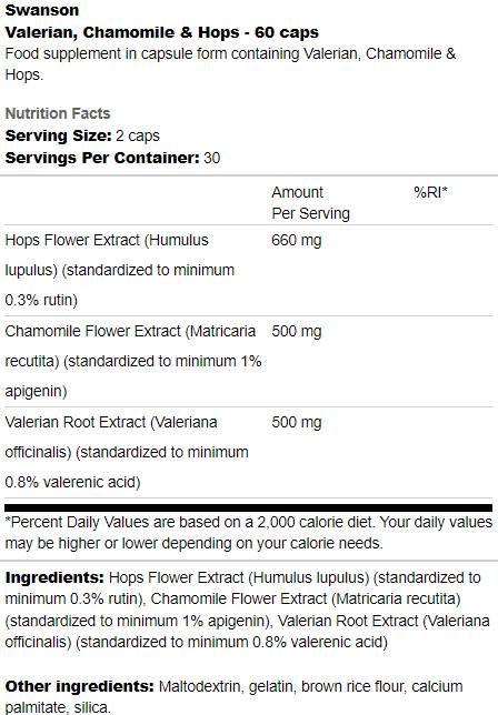 Етикет на Swanson Valerian, Chamomile & Hops 60 капсули, 30 Дози