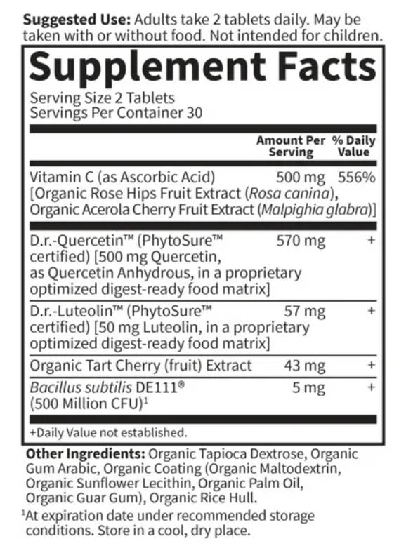 Етикет на Garden Of Life Dr. Formulated Quercetin Drop Uric Acid 60 Таблетки, 30 Дози