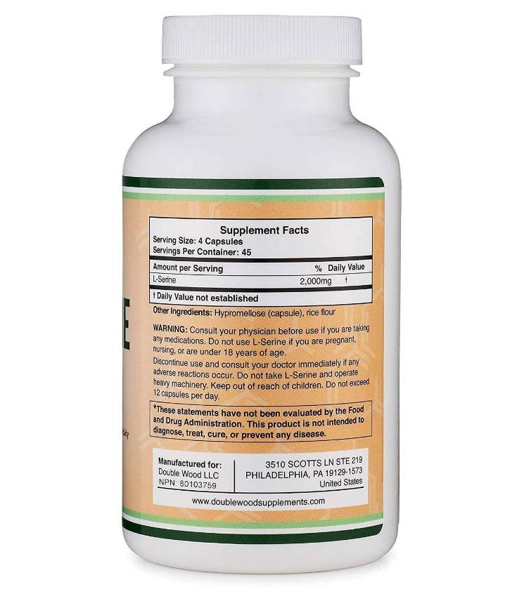 Етикет на Double Wood Supplements L-Serine 2000 mg 180 капсули, 45 Дози