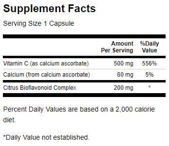 Етикет на Buffered Vitamin C with Bioflavonoids, 100 капсули, Swanson