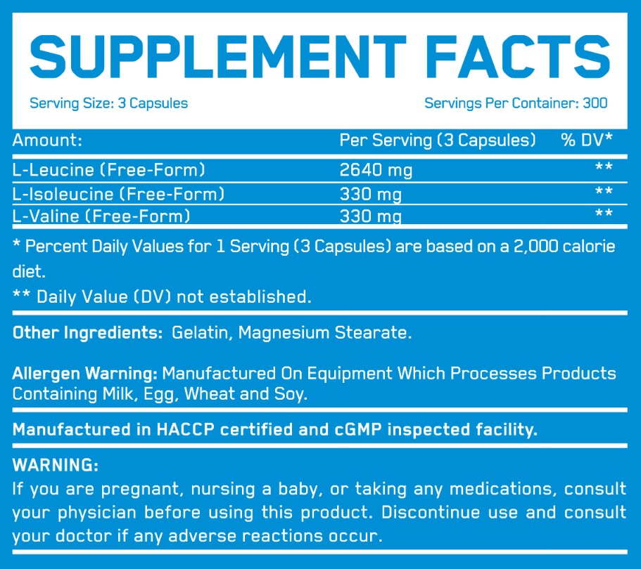 Етикет на Everbuild BCAA Mega Caps 1100 mg / 15 Caps