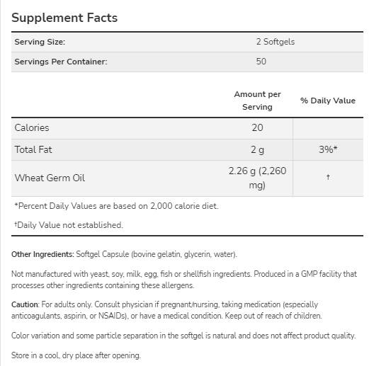Етикет на NOW Foods Wheat Germ Oil 1130 mg 100 Гел капсули, 50 Дози