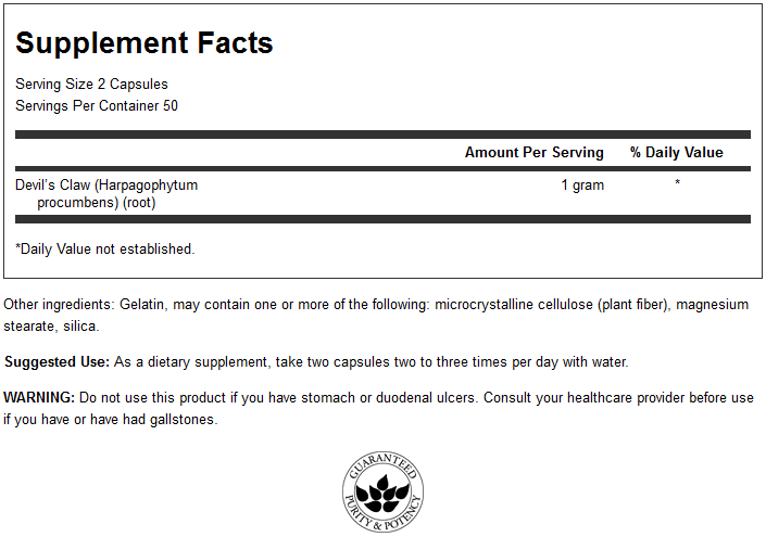 Label of Devil's Claw 500 mg