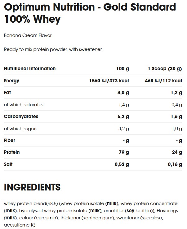 Етикет на Optimum Nutrition - 100% Whey Gold Standard