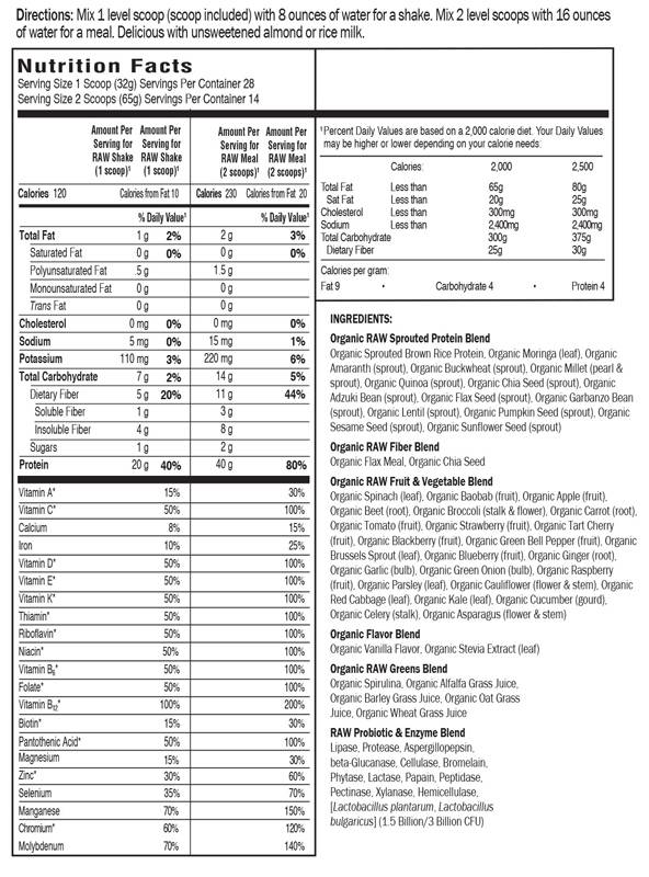 Етикет на Garden Of Life RAW Meal / Organic Shake & Meal Replacement / Unflavored 1064 грама Натурален