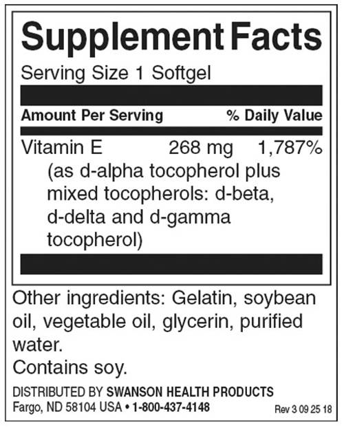 Етикет на Vitamin E Mixed Tocopherols, 400 IU, 250 меки капсули, Swanson