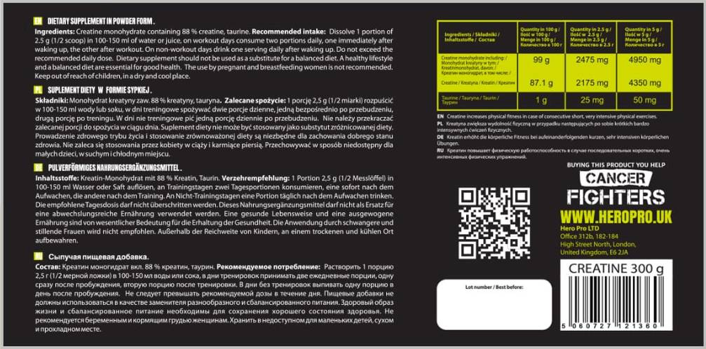 Етикет на Hero.Lab Creatine Monohydrate Powder