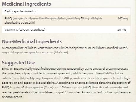 Етикет на Natural Factors Bioactive Quercetin EMIQ 50 mg 60 капсули