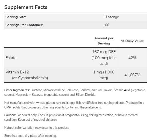 Етикет на NOW NOW Vitamin B-12 1000 mcg / 250 Lozenges / 400 g