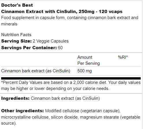 Етикет на Doctor's Best BEST Cinnamon Extract with CinSulin 250 mg 120 капсули, 120 Дози