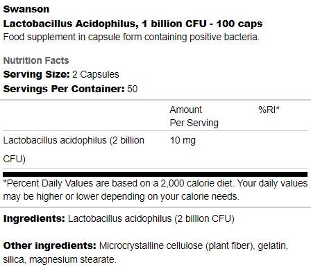 Етикет на Lactobacillus Acidophilus 1 billion CFU