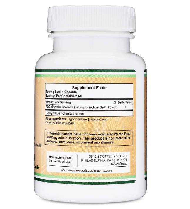 Етикет на Double Wood Supplements PQQ 20 mg | Pyrroloquinoline Quinone 60 капсули