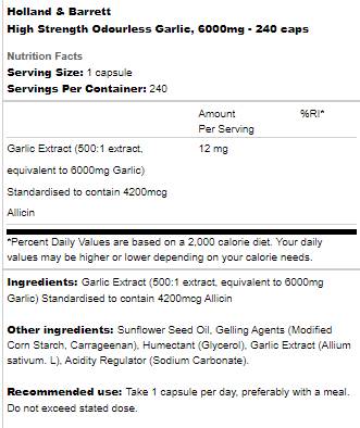 Етикет на Holland And Barrett High Strength Odourless Garlic 6000 mg 240 капсули, 240 Дози