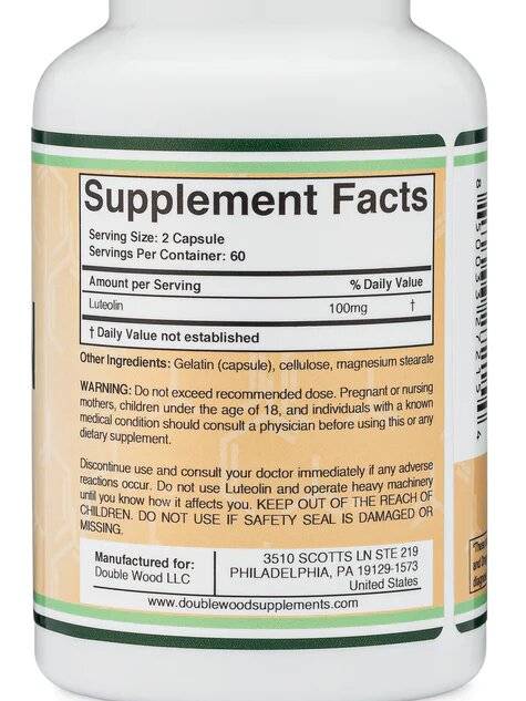 Етикет на Double Wood Supplements Luteolin 100 mg 120 капсули, 60 Дози