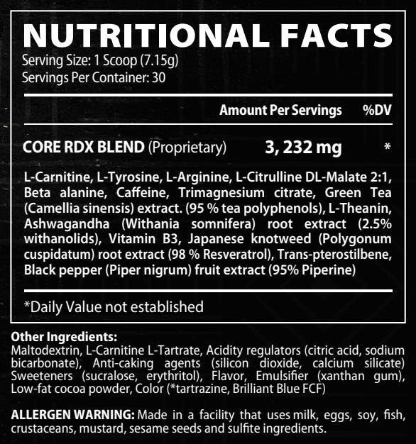 Етикет на Core Champs by Kai Greene RDX Shred | Extreme Thermogenic Pre-Workout