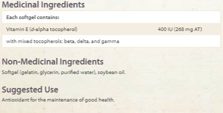Етикет на Vitamin E 400 IU · Natural Source 268 mg