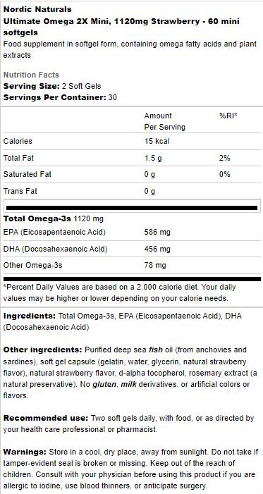 Етикет на Nordic Naturals Ultimate Omega 2X Mini 1120mg 60 Дъвчащи гел капсули, 30 Дози Ягода