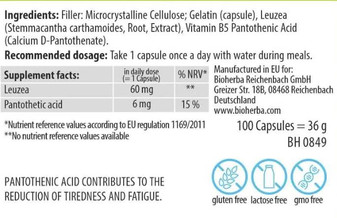 Етикет на Leuzea Root Extract 60 mg