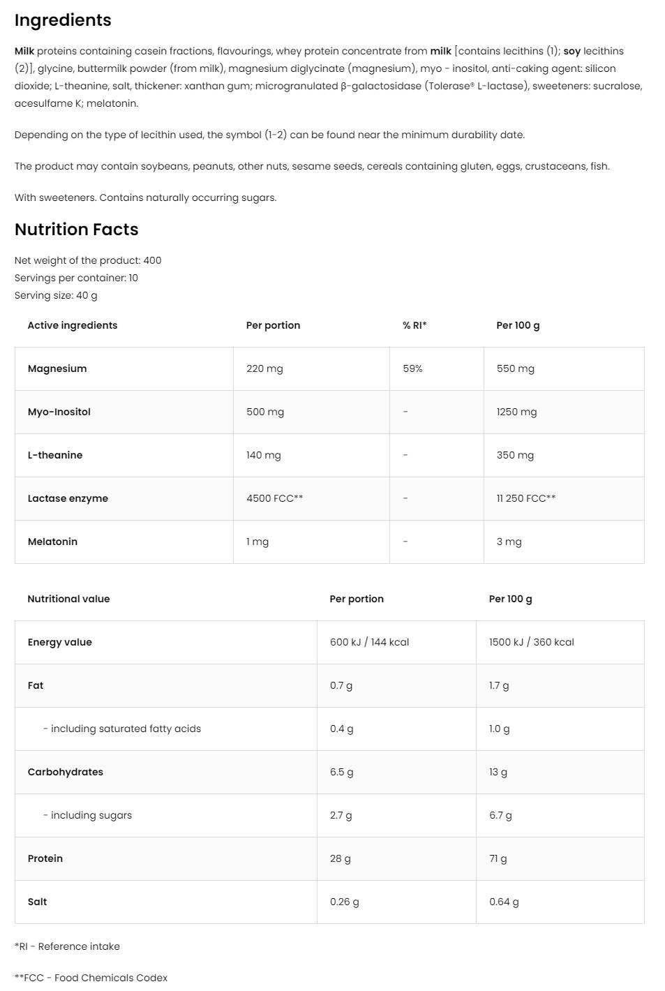 Етикет на Keep Sleep Night Protein