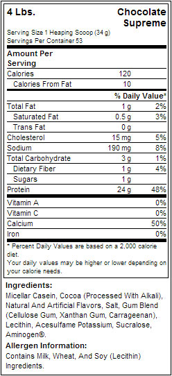 Етикет на Optimum Nutrition 100% Casein