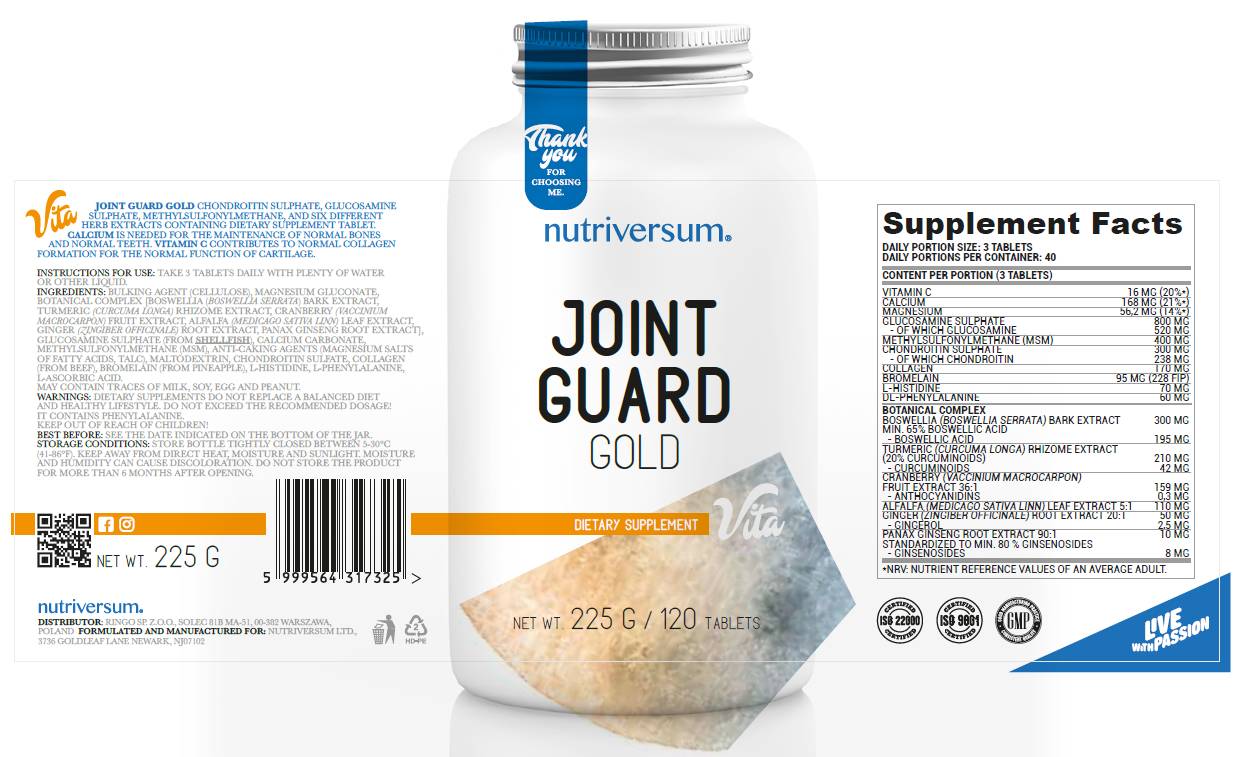 Етикет на Nutriversum Joint Guard Gold 120 Таблетки, 40 Дози
