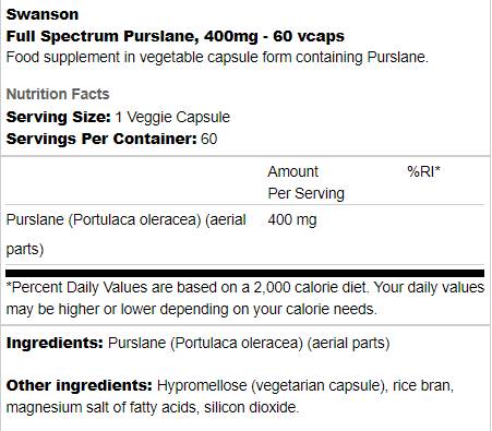Етикет на Full Spectrum Purslane 400 mg