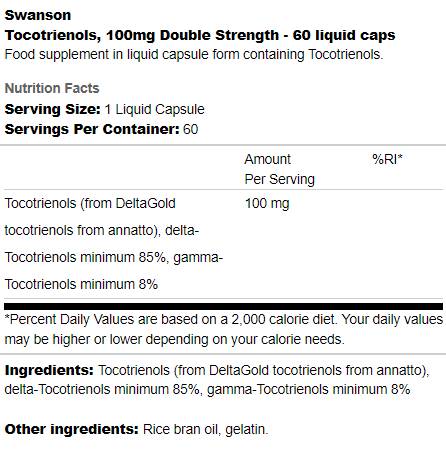 Етикет на Swanson Double Strength Tocotrienols 100 mg 60 Гел капсули, 60 Дози
