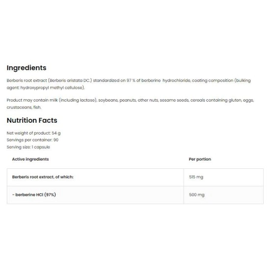 Етикет на Berberine HCl 500 mg | 97% Berberis Root Extract