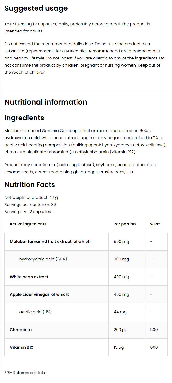 Етикет на Appetite Control | with Garcinia, White Bean & Apple Cider