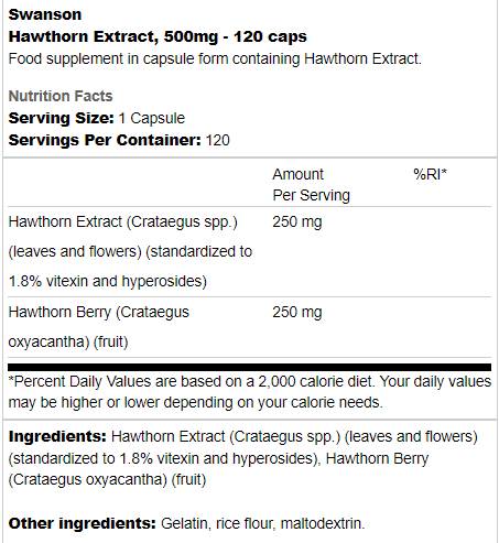 Етикет на Hawthorn Extract 500 mg
