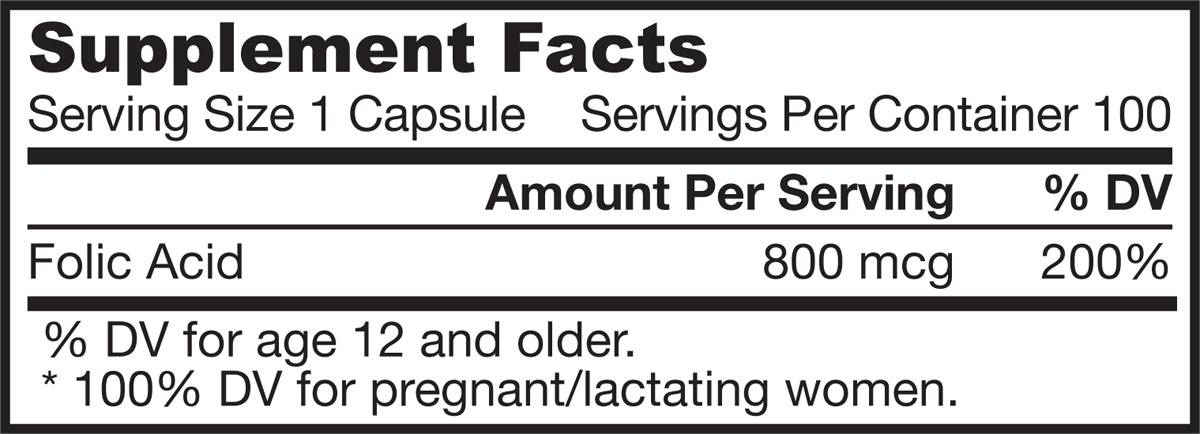 Label of Jarrow Formulas Folic Acid 800 mcg 100 капсули, 100 Дози