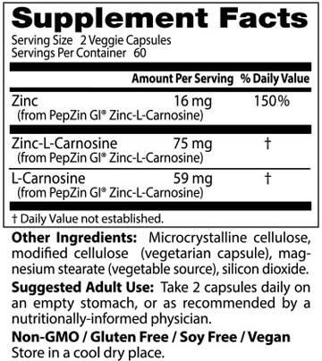 Етикет на PepZinGI® | Zinc Carnosine Complex