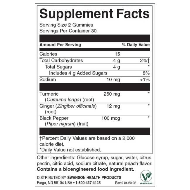 Етикет на Swanson Turmeric with Ginger Gummies | Mango 60 Дъвчащи таблетки, 60 Дози